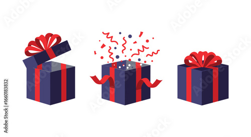 Three navy blue gift boxes with red ribbons and bows in different states