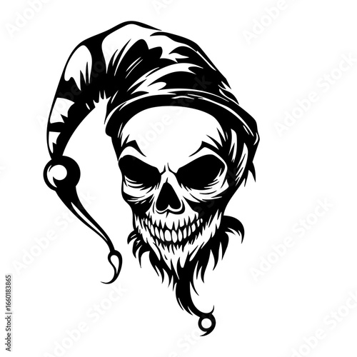 Skull wearing jester hat with detailed design suitable for tattoo or art creation showcasing dark humor and personality