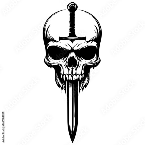 Skull with a sword piercing through it represents danger and rebellion in a bold illustration