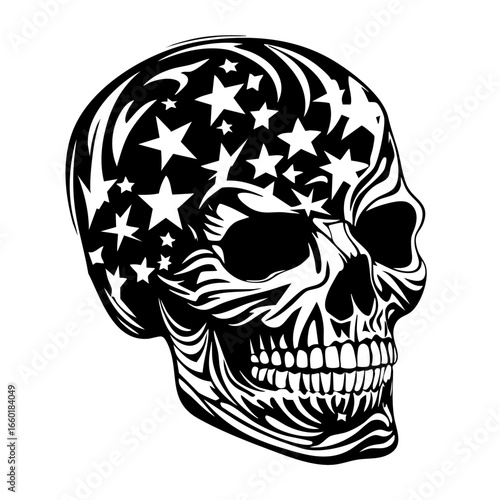 Black skull vector design featuring intricate star patterns and bold details for unique artwork or tattoo inspiration