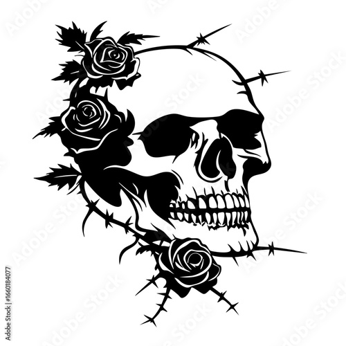 Skull adorned with roses and thorns representing the interplay of beauty and mortality in intricate vector design