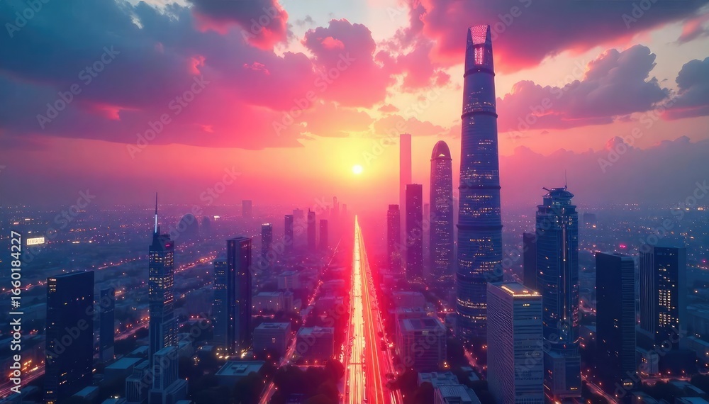 Fototapeta premium A futuristic cityscape at dawn, bathed in vibrant, optimistic light Sleek architecture stretches towards a radiant sky, symbolizing innovation and progress , ambitious, modern, futuristic