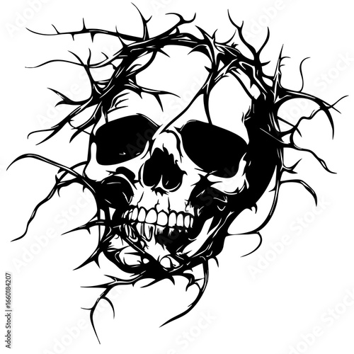 Detailed black vector skull design with thorn-like elements for artistic and design projects in various contexts