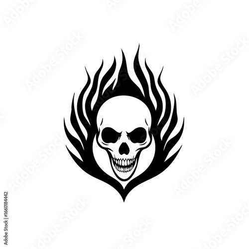 Skull design with flame accents representing danger and intensity in a bold black vector graphic