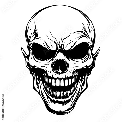 Skull vector design featuring sharp features and an exaggerated grin suitable for graphic art, tattoos, or Halloween themes