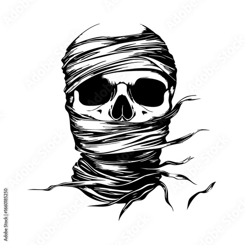 Creepy skull wrapped in tattered cloth with an eerie atmosphere perfect for Halloween or horror-themed design