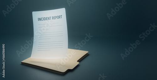 Incident Report Document: A detailed incident report lies open within a folder, illuminated by an ethereal glow. It symbolizes investigation and documentation.