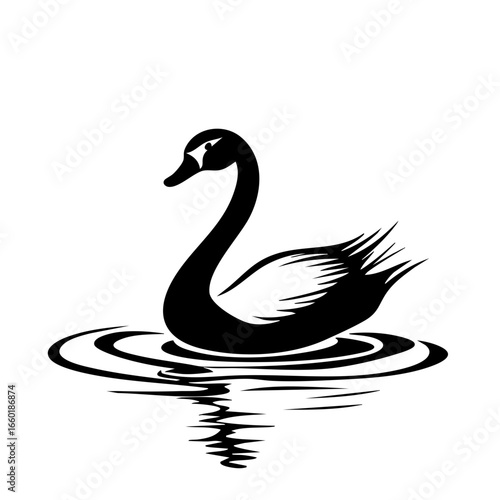 Elegant black vector illustration of a swan gliding over calm water in a serene environment