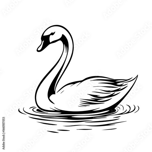 Elegant black vector swan gliding gracefully on water surface, showcasing its beauty and serenity in a calm natural environment