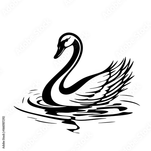 Elegant black vector silhouette of a graceful swan gliding on water with intricate details and flowing feathers