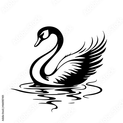 Elegant black vector swan gracefully gliding on water with detailed feathers and serene expression