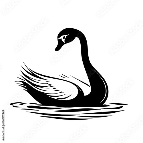 Elegant black vector silhouette of a swan gracefully gliding through water showcasing beauty and tranquility in nature