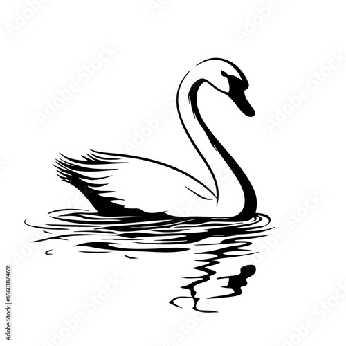 Elegant black vector swan gliding gracefully across calm water, showcasing fluid motion and natural beauty in a serene setting