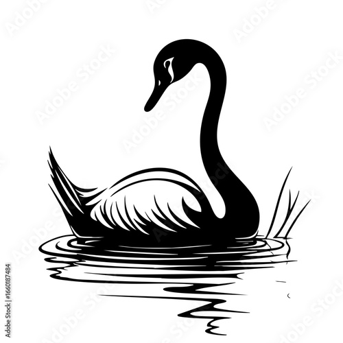 Elegant black vector illustration of a swan gliding gracefully on water with detailed feathers and rippling reflections