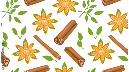 Seamless botanical pattern collection with green leaves, pine cones, cinnamon sticks, and floral silhouettes for eco-friendly nature-inspired design backgrounds