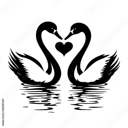Elegant swans forming a heart shape during a romantic evening by the water