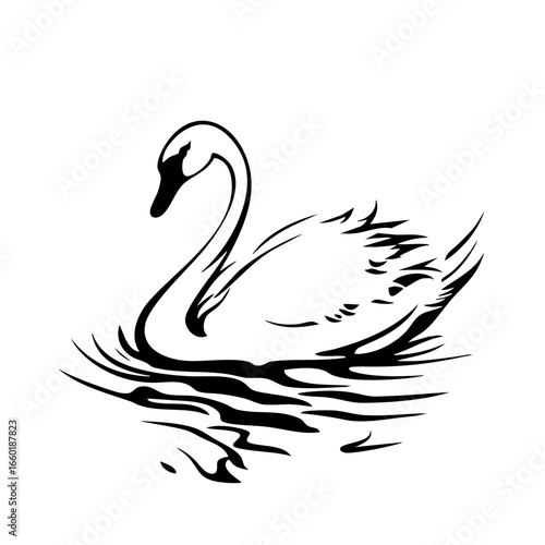 Elegant black vector swan gliding gracefully across calm water surface in tranquil setting