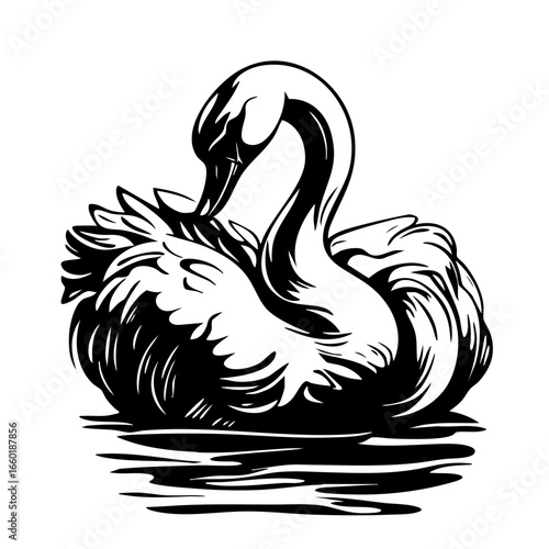 Elegant black vector illustration of a serene swan gracefully swimming on calm water during the twilight hours