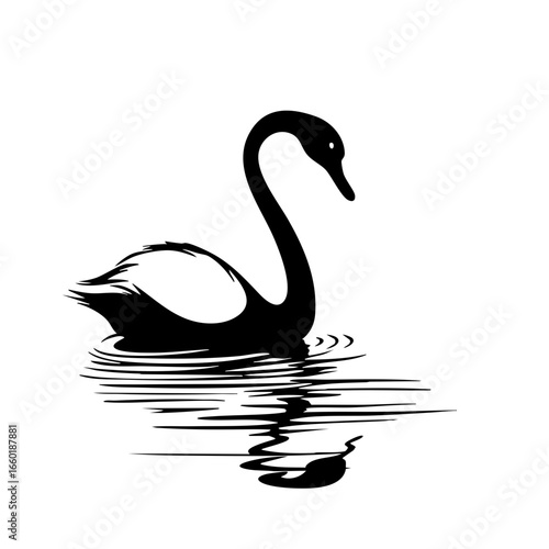 Elegant black vector silhouette of a swan gliding peacefully on water, creating gentle ripples in its serene environment