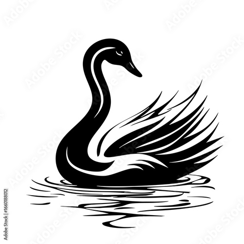 Elegant black swan gliding smoothly across the water surface showcasing graceful movement and intricate feather details