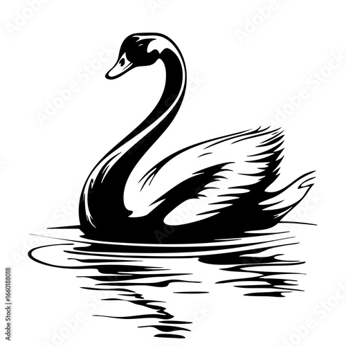 Elegant black vector of a swan gliding gracefully across serene waters with intricate feather details
