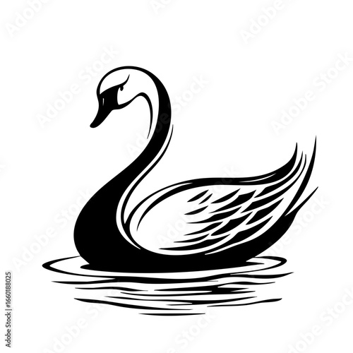 Elegant black vector silhouette of a swan gracefully gliding on water with detailed feather patterns and calm demeanor