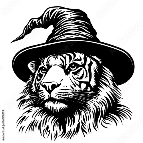 Majestic tiger wearing a wizard hat showcasing strength and mystique in a whimsical design