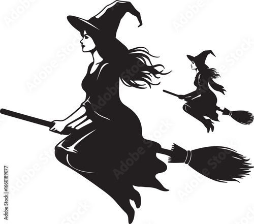 Two witches flying on broomsticks silhouette halloween