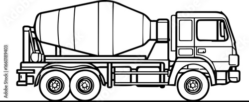 Concrete mixer truck in profile view showing large drum and distinct wheels used in construction work for transporting mixed concrete
