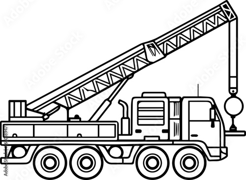 Detailed illustration of a construction crane truck with extended boom and hook mechanism for lifting heavy materials