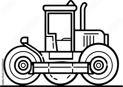 Detailed black vector illustration of a construction roller machine typically used in road construction