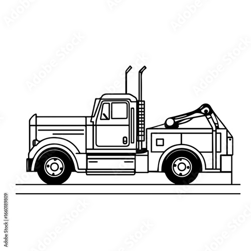 Tow truck ready for vehicle recovery on city streets during the day with detailed side view and strong outlines