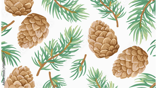 Seamless botanical pattern collection with green leaves, pine cones, cinnamon sticks, and floral silhouettes for eco-friendly nature-inspired design backgrounds