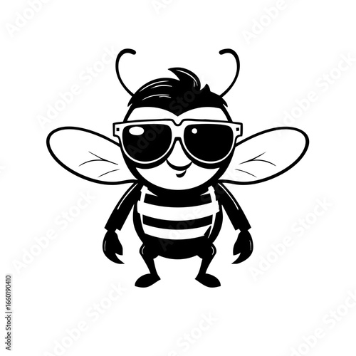 Stylish bee character wearing sunglasses with a trendy hairstyle and striped body design in a playful stance