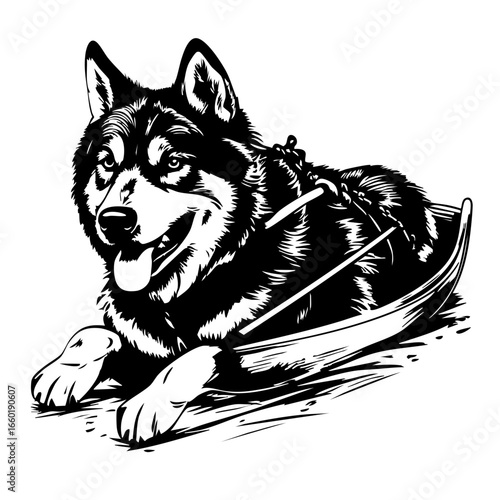 Siberian husky resting with sled prepared for dog sledding event in snowy terrain during winter months in a cold climate