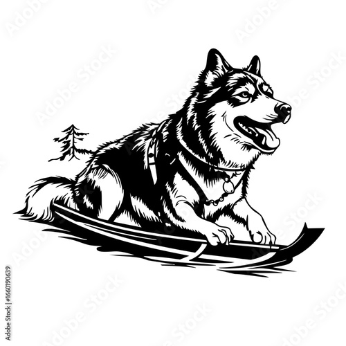 Sled dog racing through snow-covered landscape with excitement and energy