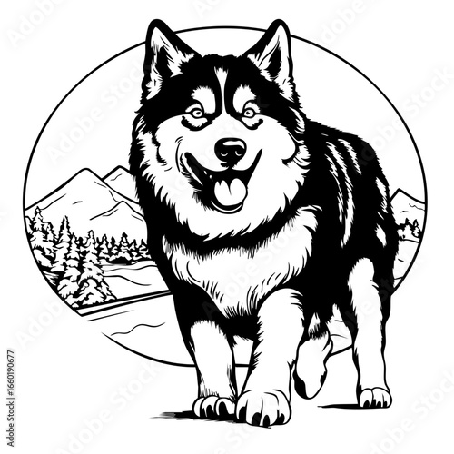 Black vector illustration of a happy husky walking through a mountain landscape with trees and hills in the background