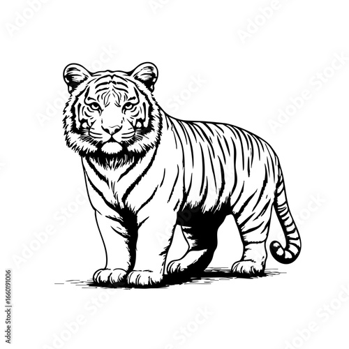 Striking black vector illustration of a tiger standing confidently in a natural pose showcasing its powerful form and distinct stripes