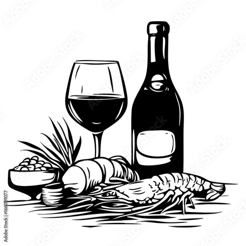 Delicious seafood feast with wine and appetizers featuring shrimp, croissant, and olives in a culinary setting