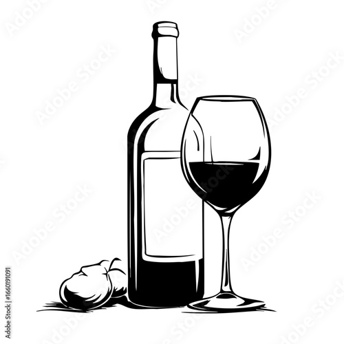 Wine bottle and glass with garlic clove set for a dinner, conveying a culinary enjoyment and pairing experience