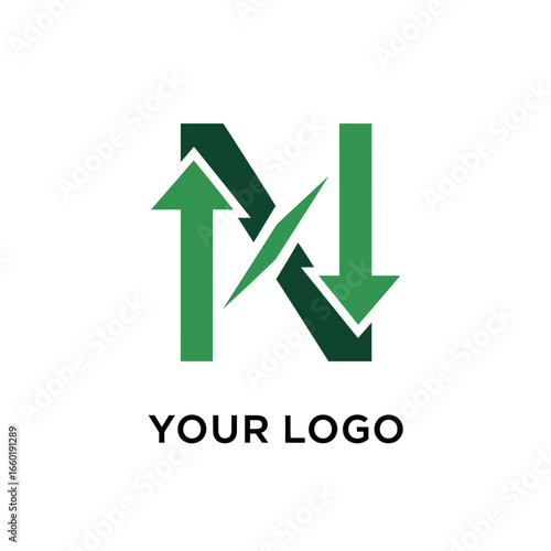 Modern abstract letter N logo design featuring dynamic green up and down arrows, symbolizing growth, decline, data exchange, and fluctuating market trends for business concepts.