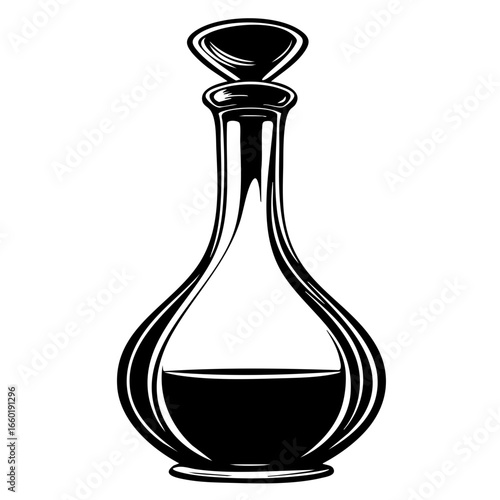 Elegant black vector drawing of a vintage glass decanter with a classic design and a dark liquid inside