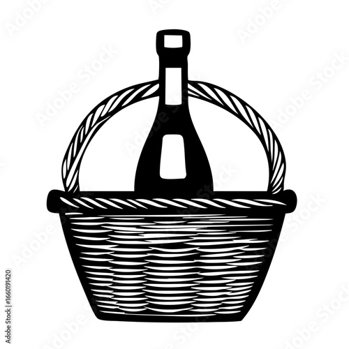Classic basket with a bottle, perfect for picnics and gatherings during warm summer days in the park