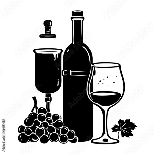 Elegant wine bottle and glass with grapes and wine accessories represented in black vector art for culinary and beverage themes