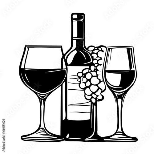 Wine bottle and two glasses with grapes represented as black vectors suitable for various design projects and promotions