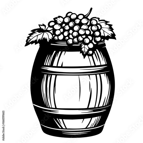 Grapes overflowing from a wooden barrel in a rustic vineyard setting during the harvest season