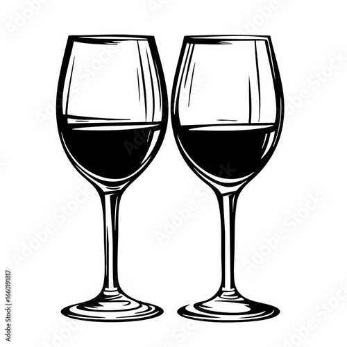 Elegant pair of wine glasses showcasing rich liquid, perfect for a romantic dinner, celebration, or gathering with friends