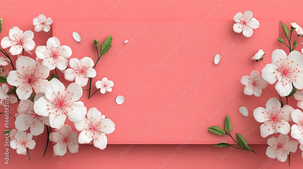 Fototapeta premium Cherry Blossom Frame on Coral Background for Spring or Wedding