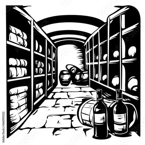 Wine cellar with shelves full of bottles and barrels, showcasing a traditional winemaking atmosphere