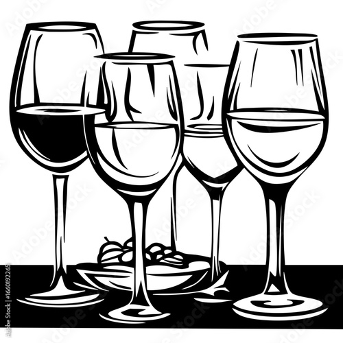 Elegant collection of black vector wine glasses with intricate designs showcasing various drink types and styles